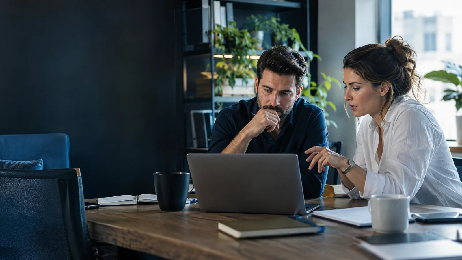 Two sales professionals reviewing prospect research together on a laptop in a modern office.