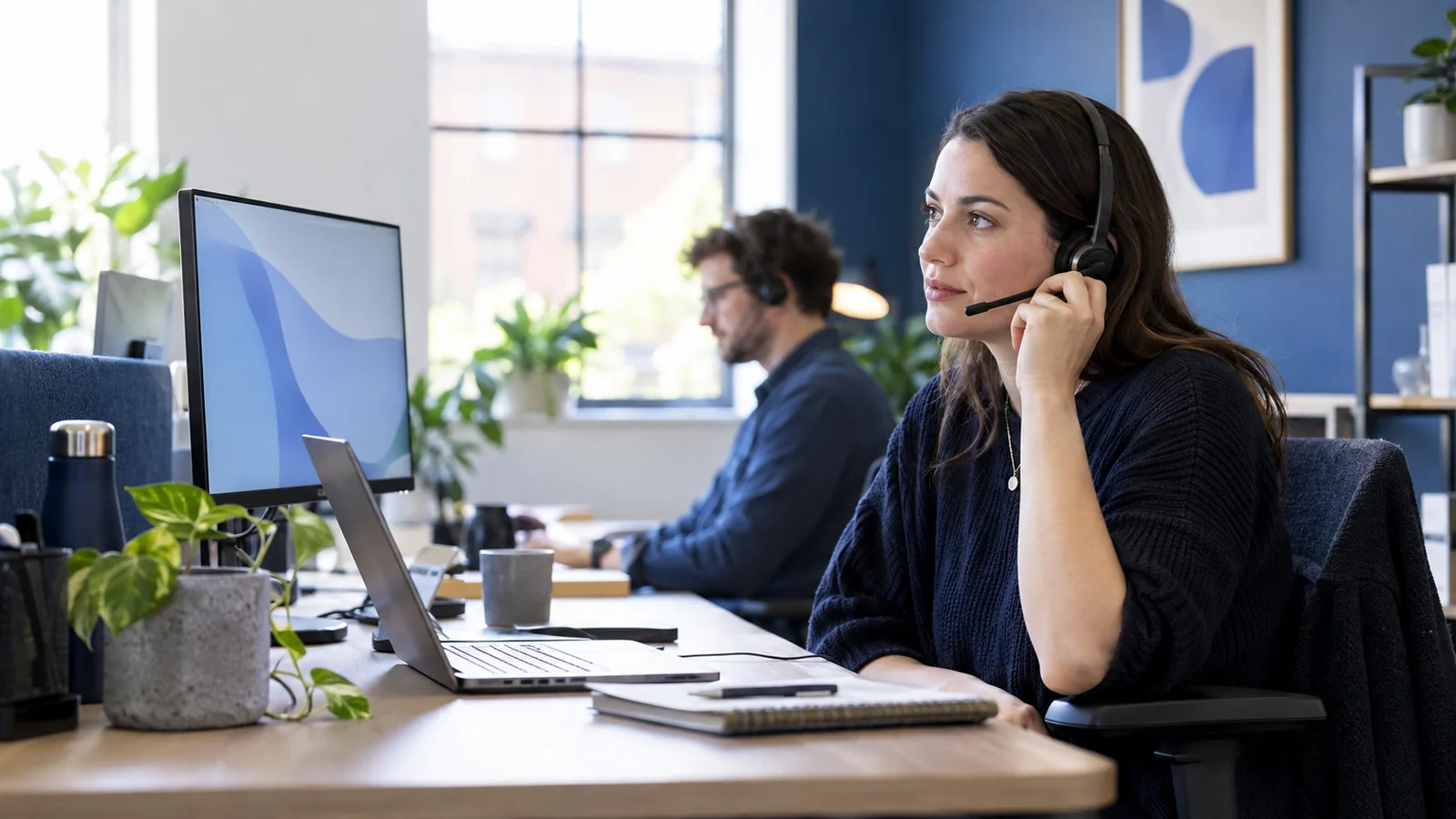 Customer service professional using a headset in a modern office, with a colleague available for human support.