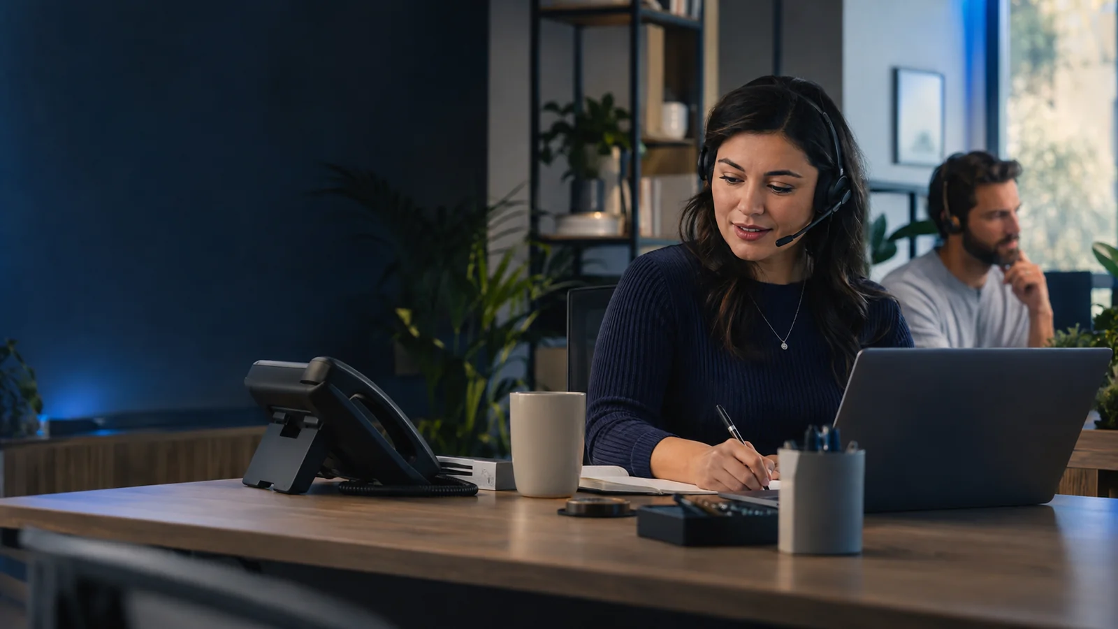 Operations manager handling a business call with a headset while a colleague is available for escalation